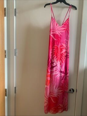 Women's Pink Tropical Maxi Dress with Spaghetti Straps